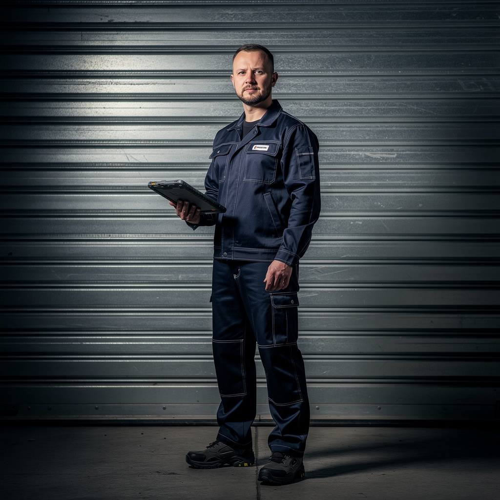 Technik serwisowy przy bramie przemysłowej